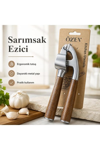 ÖZEV Acacia Spliced Steel Garlic Crusher-Stainless Steel-Stylish Design