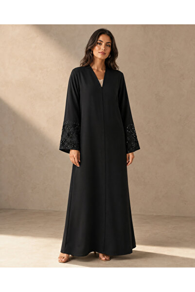 KAVALEE Women’s Black Floral Sequin Lace Cuff Full-Length Front-Zip Abaya