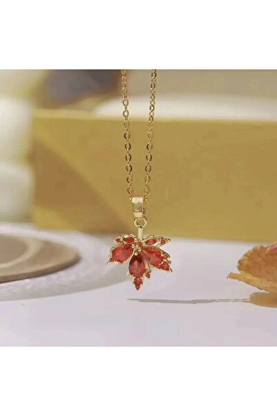 Glamluxe Akçaağaç Yaprağı Figürlü Turuncu Taşlı Gold Şık Kadın Kolye