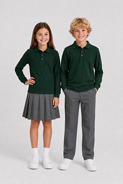 The Clover Girls & Boys Unisex Dark Green 100% Cotton Polo Collar Long Sleeve...