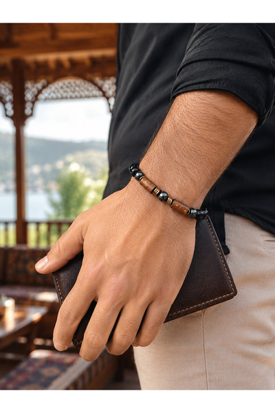 magıcgrange Men's Natural Stone Bracelet – 8 mm Black Crystal Onyx, Silver He...