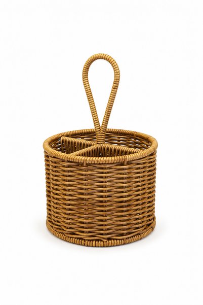 NATUREL DEKOR Rattan Look 3-Compartment Round Spoon Holder 16X11 cm - Bohemian Cutlery Holder, Pen Holder, Sauce Bowl, Organizer