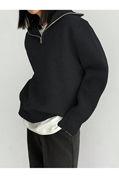 POİNE Women's Turn-Down Collar Oversize Thessaloniki Knit Zippered Basic Knit...