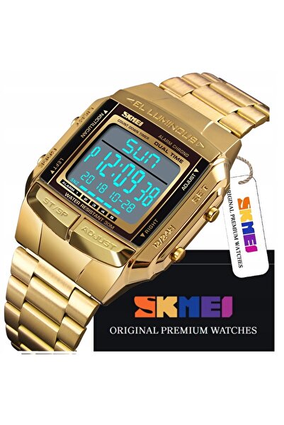 Skmei CEAS ELECTRONIC PENTRU BĂRBAȚI 5 ALEARME PE BRĂȚARĂ AURIE ORIGINAL