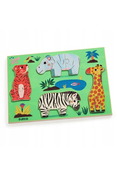 djeco Puzzle din lemn cu animale de safari, 3 piese
