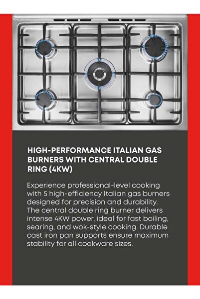 Tornado 90x60 cm Freestanding Full Gas Cooker with 5 Italian Sabaf Burners, 4kW Central Double-Ring Wok Burner, 100% Full Safety, Automatic Ignition, Dual Oven Knobs with Rotisserie, Stainless Steel -