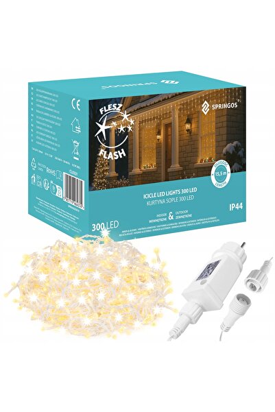 Springos Ghirlandă luminoasă albă caldă 300 LED tip perdea, cu funcție flash,...