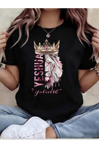 29CUN Women's Luxe Watercolor Pink Lion Crown Print T-Shirt, Loose Crew Neck ...
