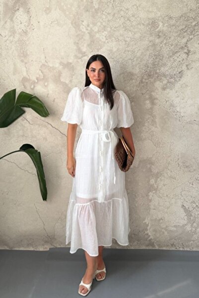 Elbee Fashion Woman Ecru Transparent Dress with Inner Lining