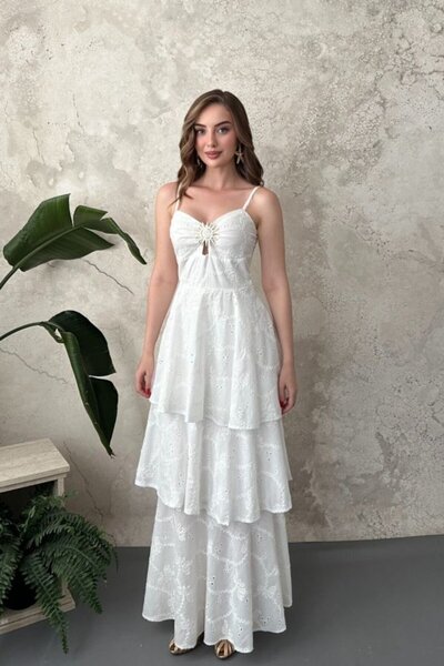Elbee Fashion Woman Ecru Brodeled Dress with Chest Buckle