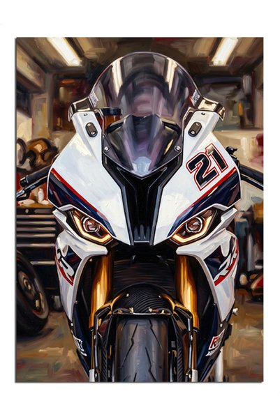 Artmeg Pânză decorativă cu vedere frontală a motocicletei de curse albe - Tab...