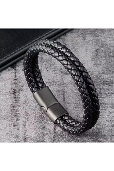 Choice 21cm Black Men's Handwoven Leather Bracelet | Classic Double-Layer Wri...