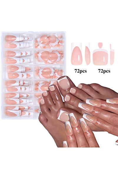 Choice1 02 144pcs French Black Pink Hand&Foot WearIng Nail Set Short Square F...