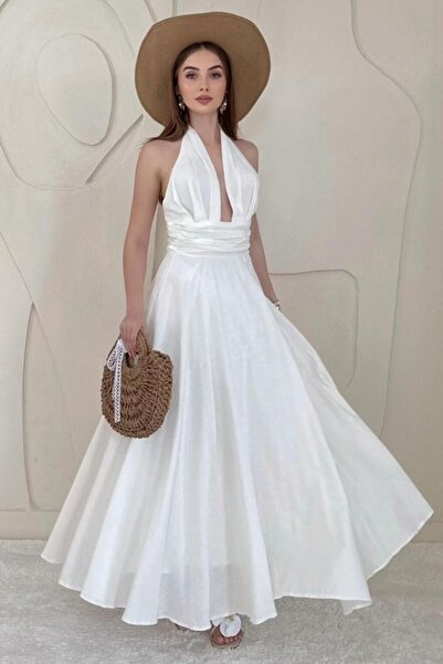 ELBEE White Linen Dress with Low-Cut Chest and Back Detail