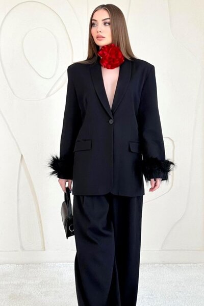 ELBEE Black Sleeve Feather Jacket and Trousers Set