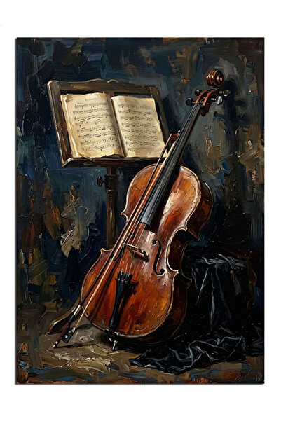 Artmeg Music Stand and Cello Decorative Canvas - Mdf Wood Table
