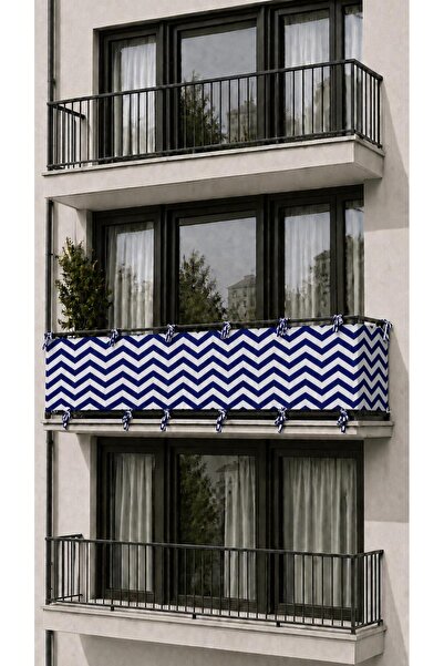 Mavi Beyaz 4 Tarafı Bağcıklı Zikzak Desenli Balkon Demirlik Perdesi , Mahremiyet Sağlayan Dayanıklı Dış Mekan Balkon Perdesi