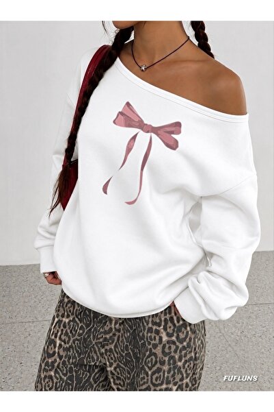 FUFLUNS Ribbon Printed Oversized Women's Boat Neck Sweatshirt