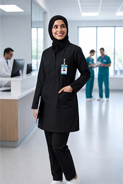 PIQUE Black Unisex Bat Sleeve Nurse and Doctor Uniform Set Scrubs