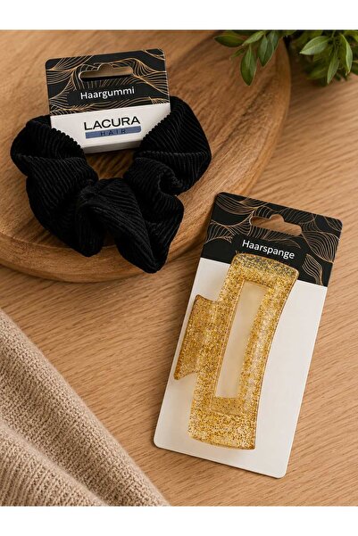 LACURA Set accesorii pentru păr – elastic + clește decorativ auriu