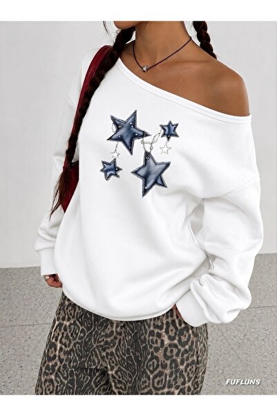 FUFLUNS Oversize Women's Boat Neck Sweatshirt with Chained Star Print