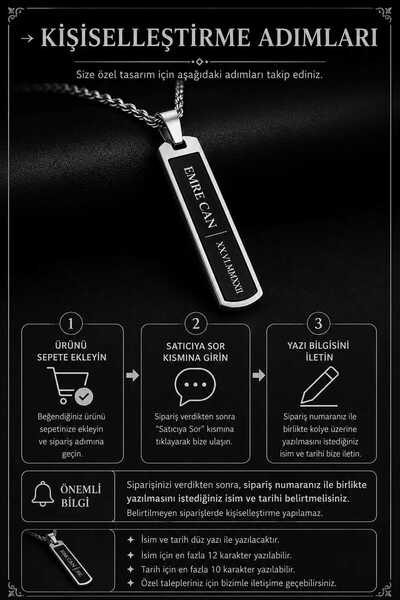 Satürn Silver Kuyumculuk Kişiye Özel Tarih İsim Yazılı Unısex Kolye | Dikdörtgen Siyah Detaylı | Sevgiliye Özel Anlamlı Hediye
