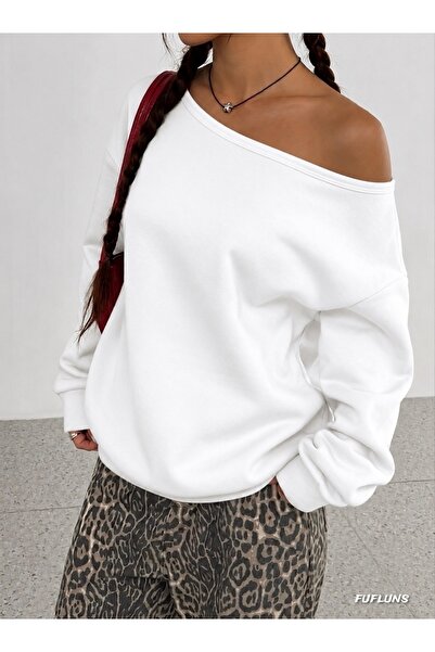 FUFLUNS Printless Oversized Women's Boat Neck Sweatshirt