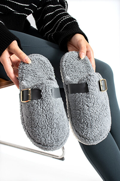 ModaMert Women's Gray Buckle Detailed Winter Comfortable Women's Slippers