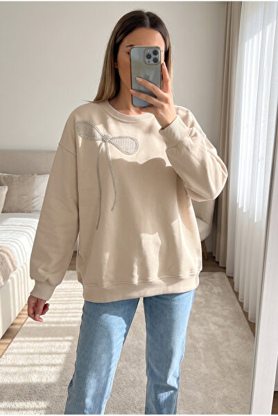 FEMELLE Beige 100% Cotton Bead Embroidered Sweatshirt with Ribbon Pattern