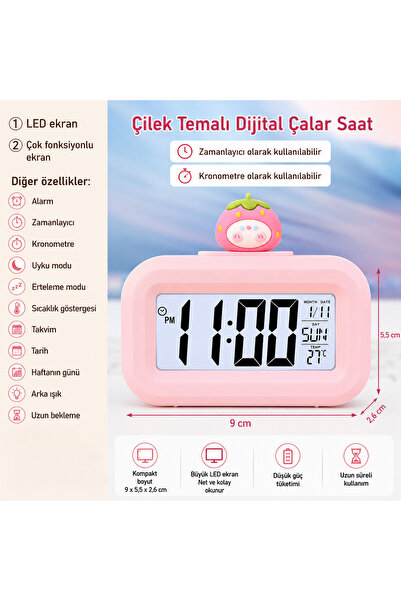 silabor Çilek Temalı Dijital Çalar Saat – LED Ekranlı, Çok Fonksiyonlu, Zaman...