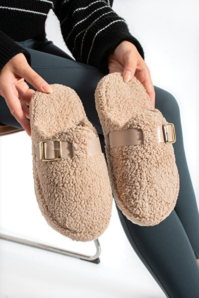ModaMert Women's Beige Buckle Detailed Winter Comfortable Women's Slippers