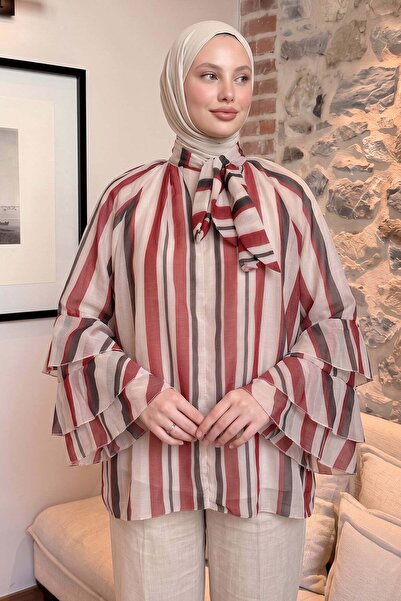 Salih Çelebi Striped Flywheel Sleeve Tunic 5402 - Red