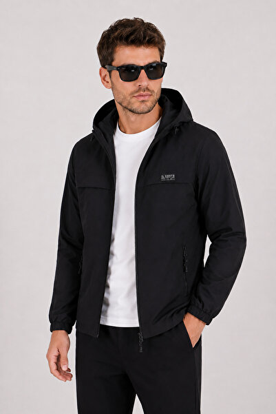 Montivo Men's Black Hooded Seasonal Jacket Zippered Slim Windbreaker Coat