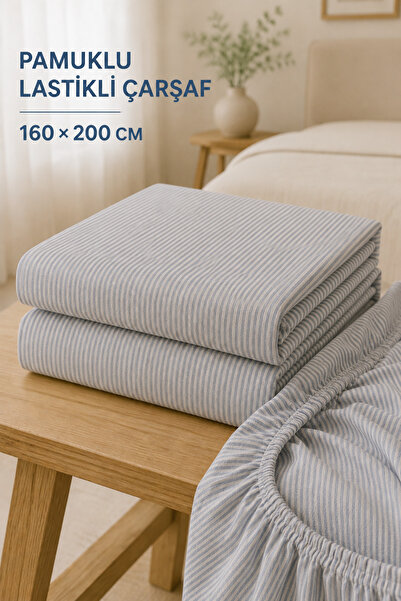 nnevora Cotton Elastic Bed Sheet 160X200 cm Double Striped with Full Elastic ...