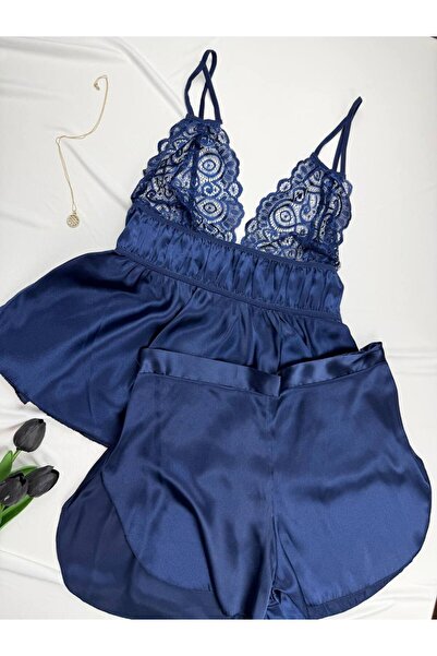 ROZENİN LINGERIE Plus Size Lace Detailed Satin Strap Shorts Pajama Set