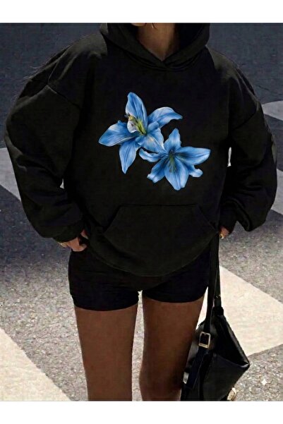 LELVANİ SWEATSHIRT CU GLUGĂ CU IMPRIMEU FLORI DE LILIUM COLORATE PENTRU FEMEI