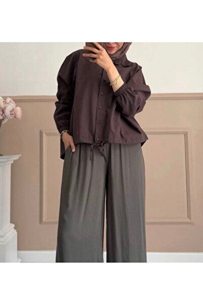 Bahar Altundemir Kadın Beli Büzgülü Oversize Düğmeli Crop Gömlek