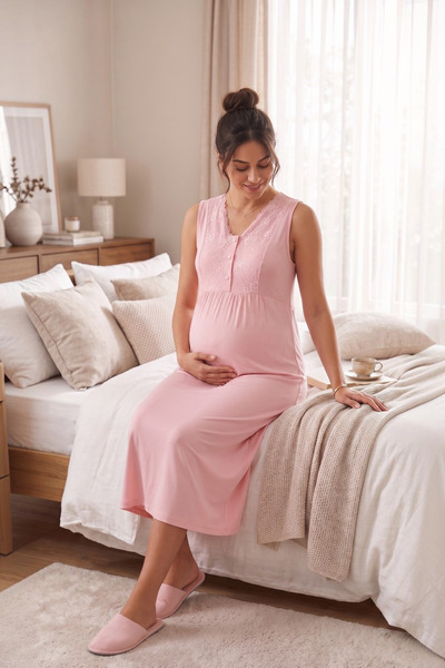 Miss Dünya Lissa Alina Sabahlıklı Lace Detailed Zero-Sleeve Maternity and Postpartum Nightgown Set Suitable for Breastfeeding