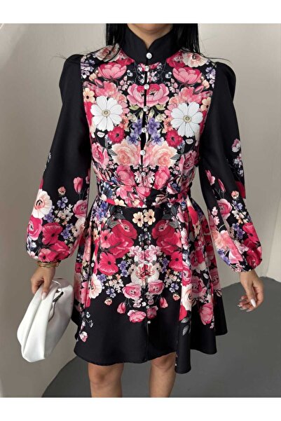 NEW JOURNAL Women's Black-Fuchsia Chokella Fabric Mandarin Collar Belted Midi...