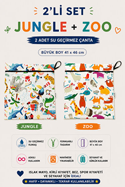 yorni Jungle + Zoo 2 Adet Büyük Boy Su Geçirmez Çanta Islak Mayo Havlu Kirli ...