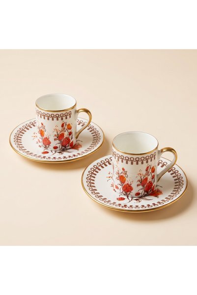 RUBİ PORSELEN Nostalgia Floral Patterned Porcelain Cup Set with Gold Detail for 2 People - 4 Pieces