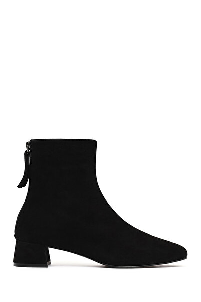 Derimod Women's Black Zippered Short Thick Heeled Suede Leather Boots Af160003Ds