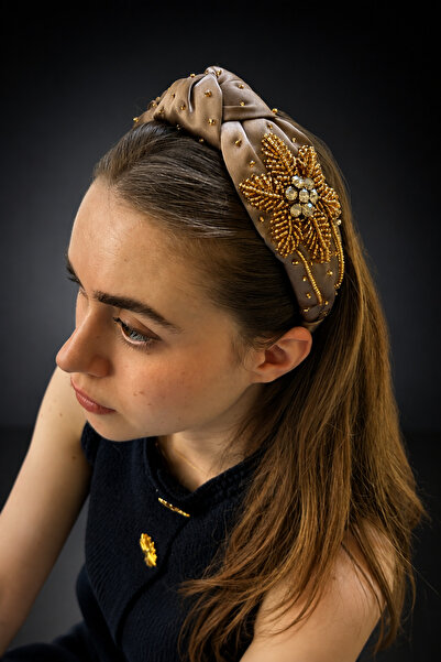 ByMerve Bym Dark Mink Satin Gold Star Embroidered Women's Hair Crown Evening ...