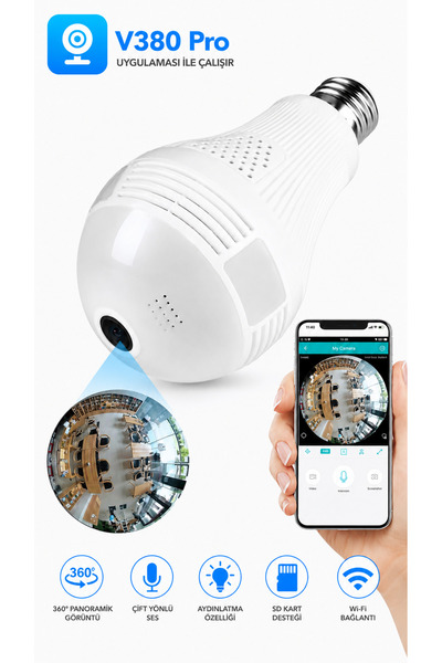 ULTRATEKNO CMR14 Wi-fi 360 Panoramik Ampul Kamera Gece Görüş Ses Akıllı Hareket Algılayıcı Güvenlik Kamerası