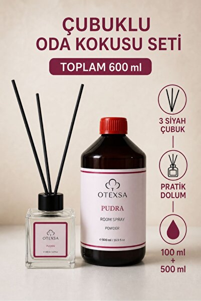 OTEXSA Pudra Çubuklu Oda Kokusu Seti 100 ml + 500 ml Doldurma Yedeği, 3 Siyah...