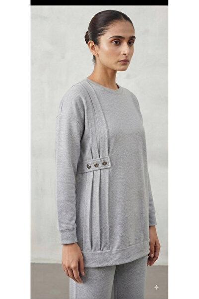 Yeni Sezon Gri Oversize Kesim Düğme Detaylı Kadın Eşofman Takımı