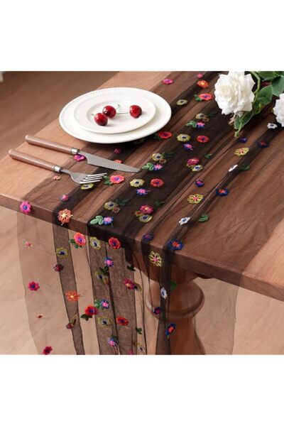 Generic 2PC Black Embroidery Daisy Table Runner 10ft 120 Inch Fall Florals Ga...