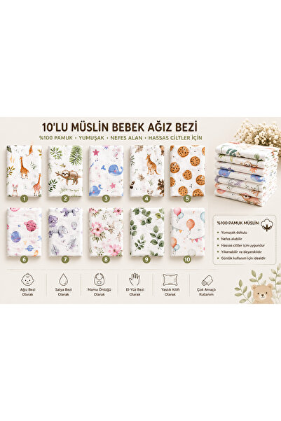 10’lu %100 Pamuk Müslin Bebek Ağız Bezi Seti