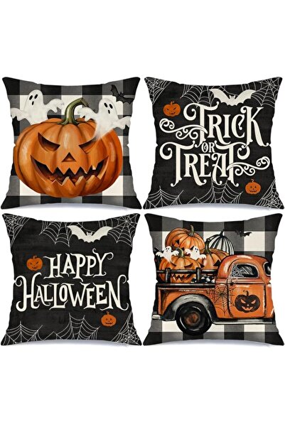Generic Brand Halloween Pillow Covers 18x18 Set of 4 Buffalo Plaid Spooky Gho...