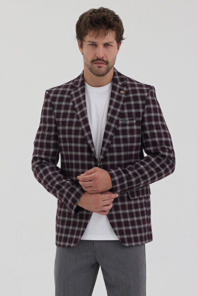 Frappoli Jachetă sport pentru bărbați Mario, în carouri burgundy, slim fit, c...